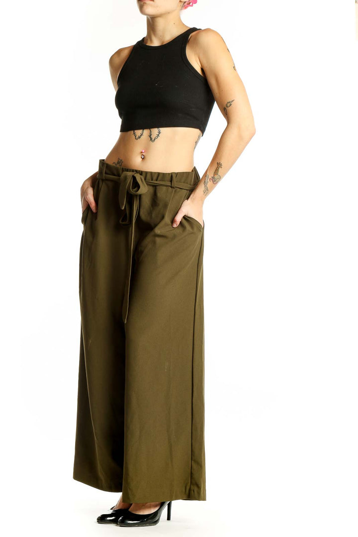 Front view of Loveappella olive wide-leg pants with tie belt