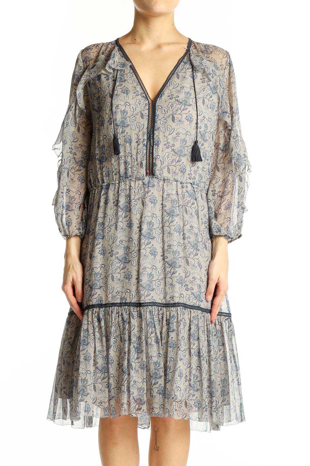 Beige Floral Print Silk Dress with Ruffled Hem