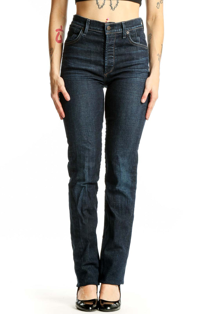Front view of Citizens of Humanity dark blue straight leg jeans on model