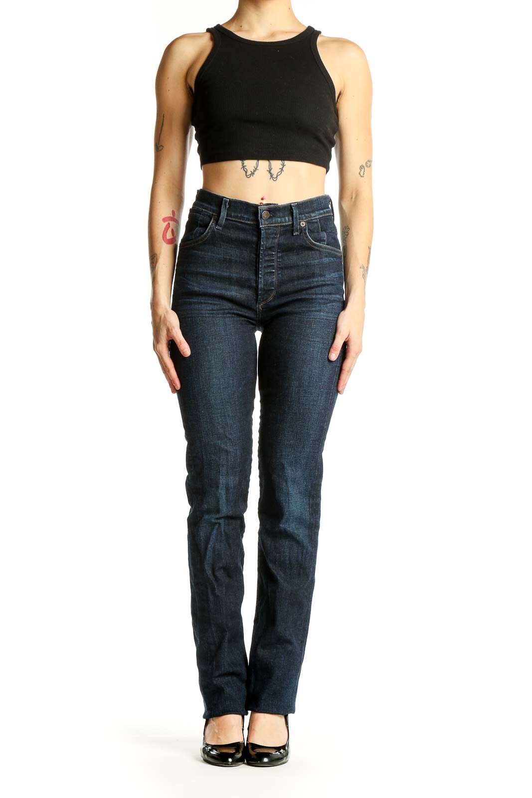 Front view of Citizens of Humanity dark blue straight leg jeans on model