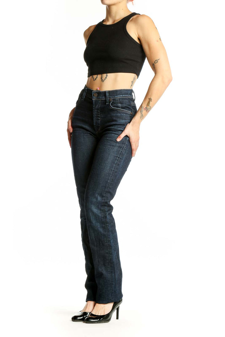 Front view of Citizens of Humanity dark blue straight leg jeans on model