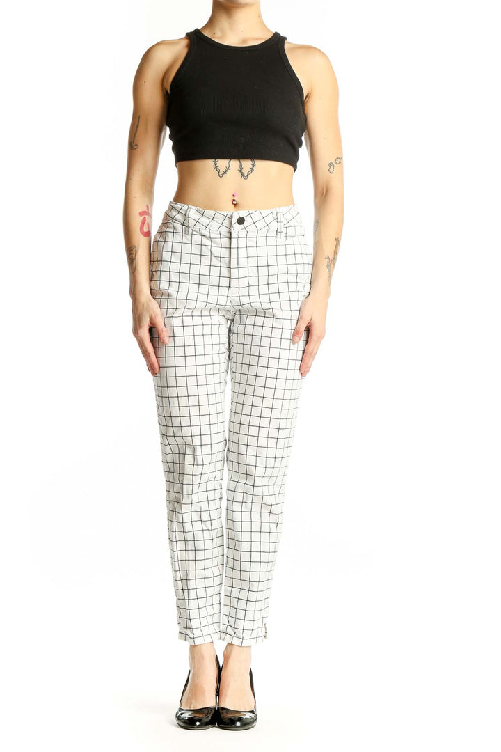 Front view of NYDJ white grid pattern denim pants