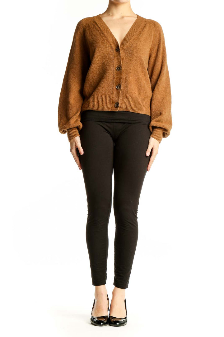 Front view of camel Gap cardigan with V-neck and button-up design