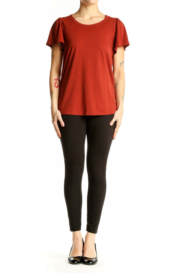 Front view of rust-colored Philosophy flutter sleeve top