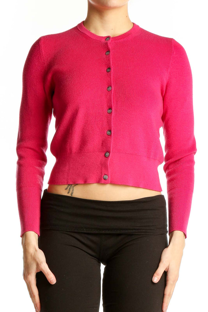 Front view of J.Crew hot pink cropped cardigan sweater