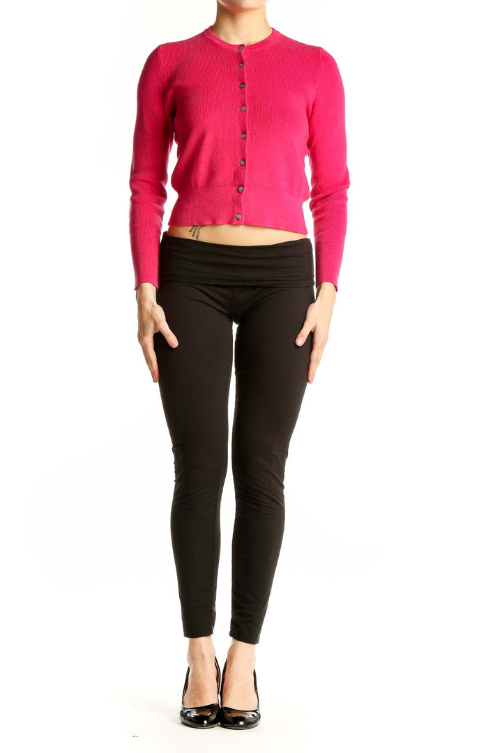 Front view of J.Crew hot pink cropped cardigan sweater