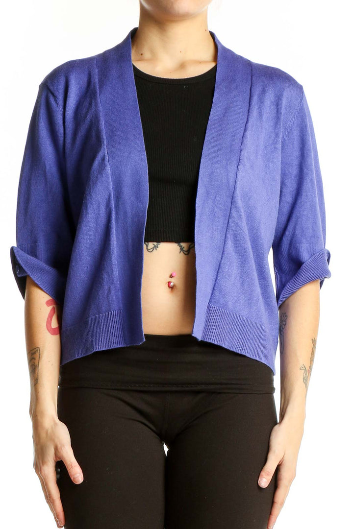 Front view of purple Verve Ami cropped open-front cardigan