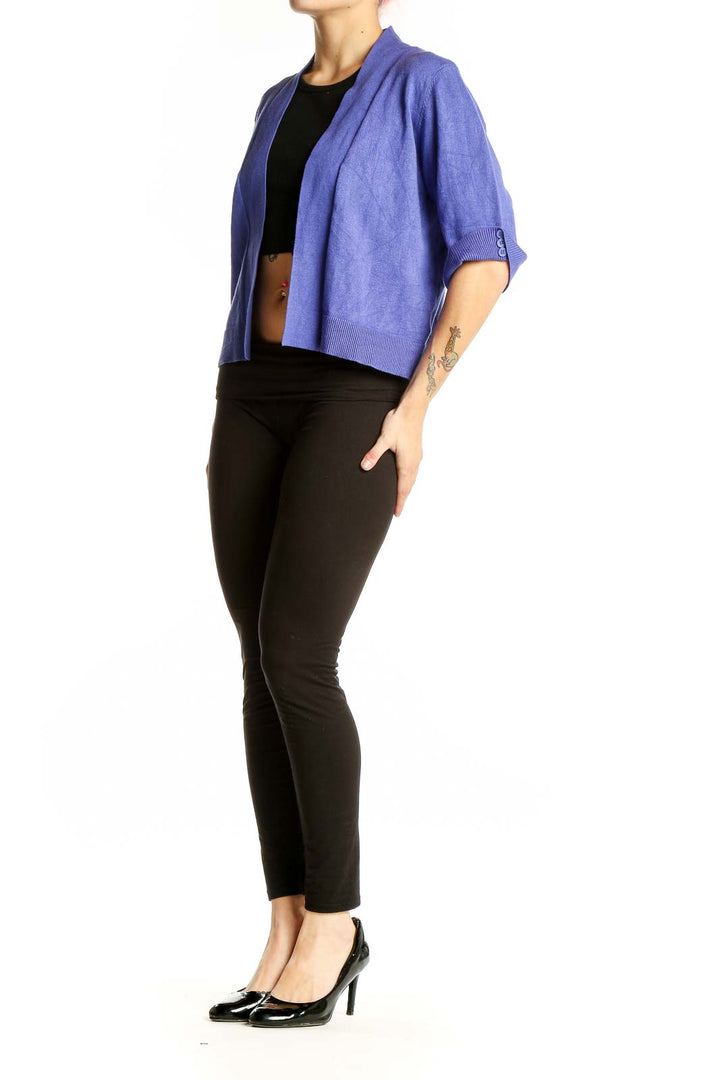 Front view of purple Verve Ami cropped open-front cardigan