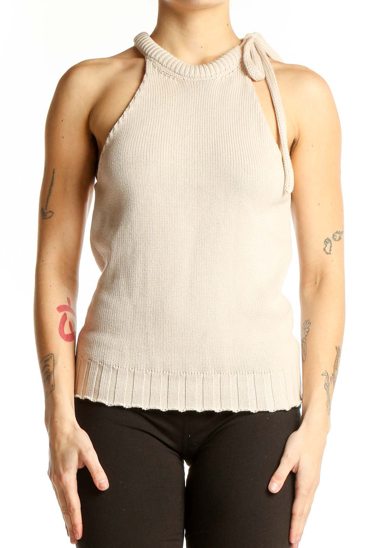 Front view of G. Label beige sleeveless knit top with tie neck detail