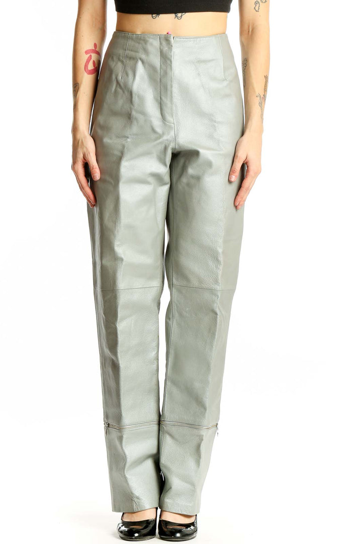 Front view of sage green high-waisted polyester pants from metrostyle