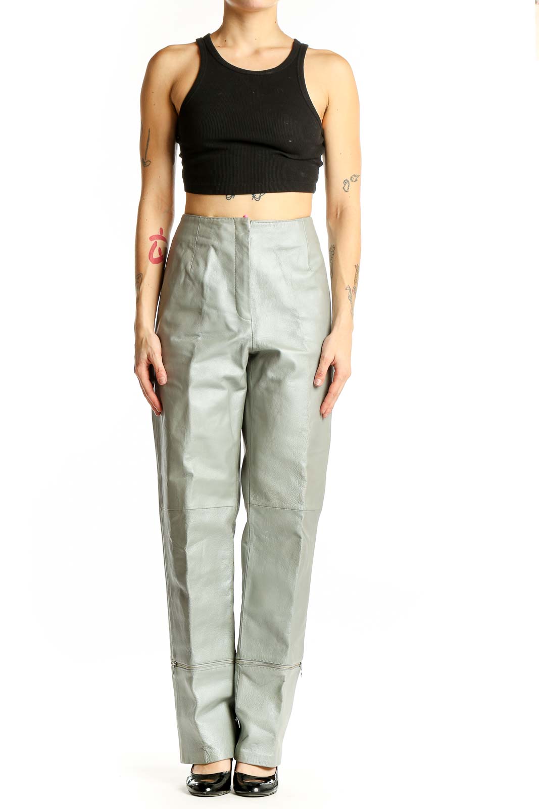 Front view of sage green high-waisted polyester pants from metrostyle