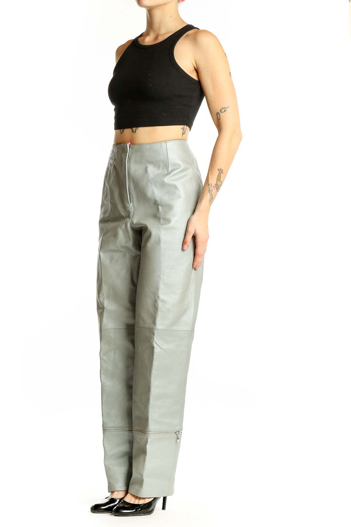 Front view of sage green high-waisted polyester pants from metrostyle