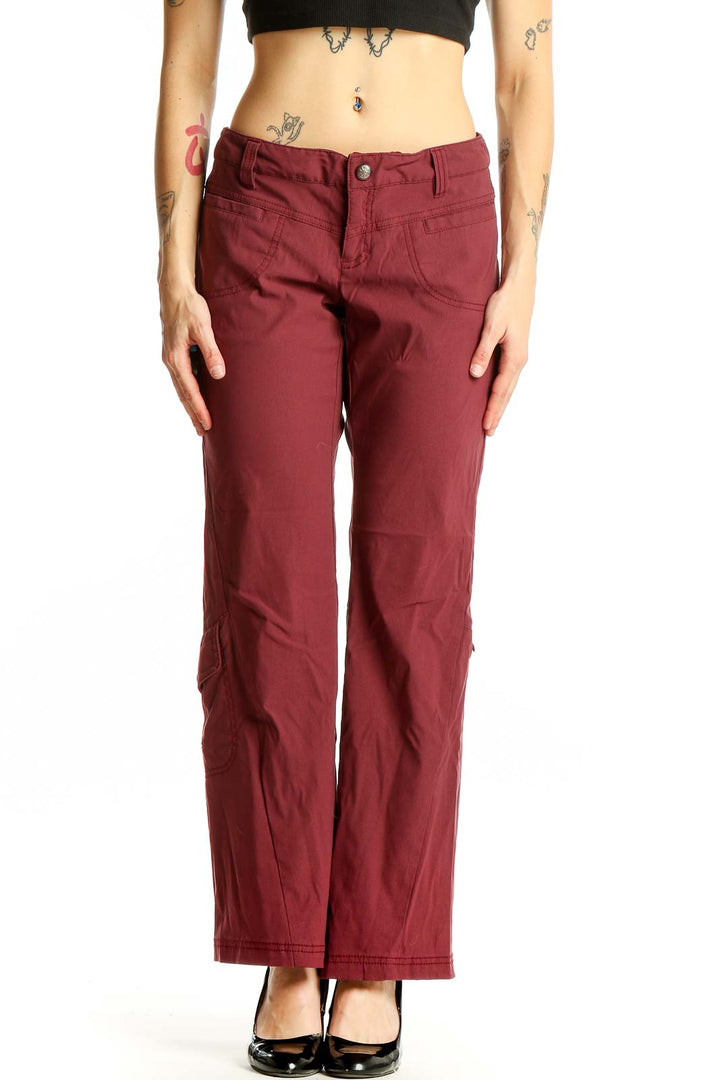 Front view of burgundy wide-leg pants from Athleta