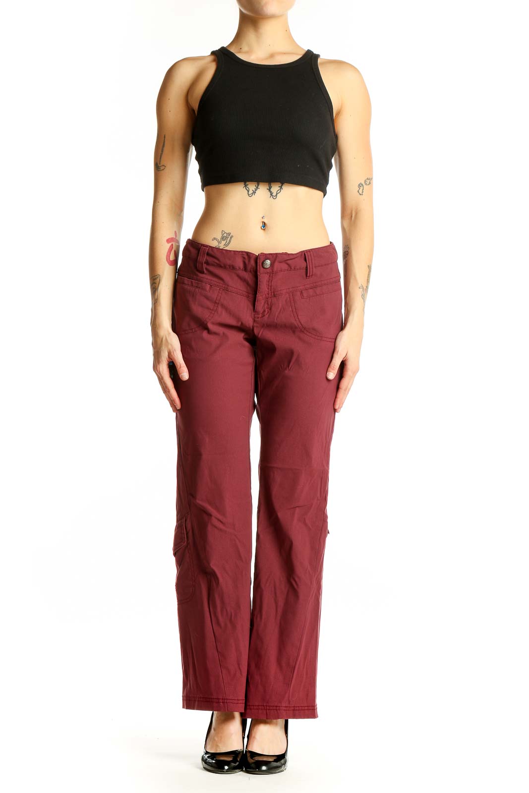 Front view of burgundy wide-leg pants from Athleta