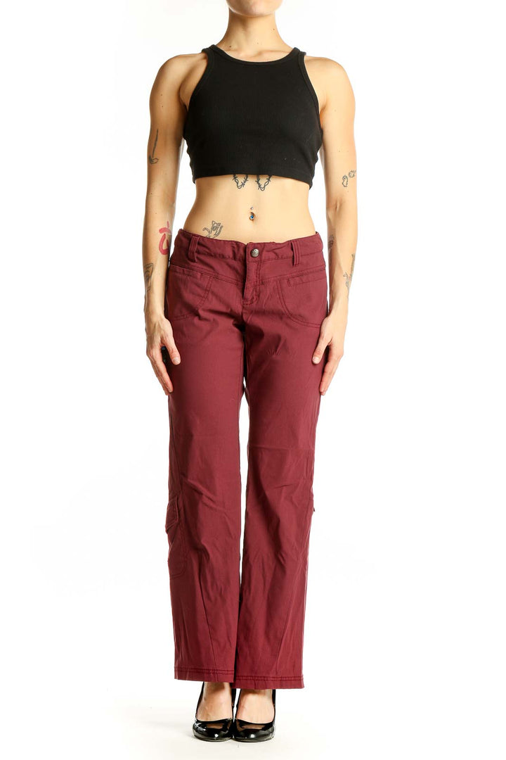 Front view of burgundy wide-leg pants from Athleta