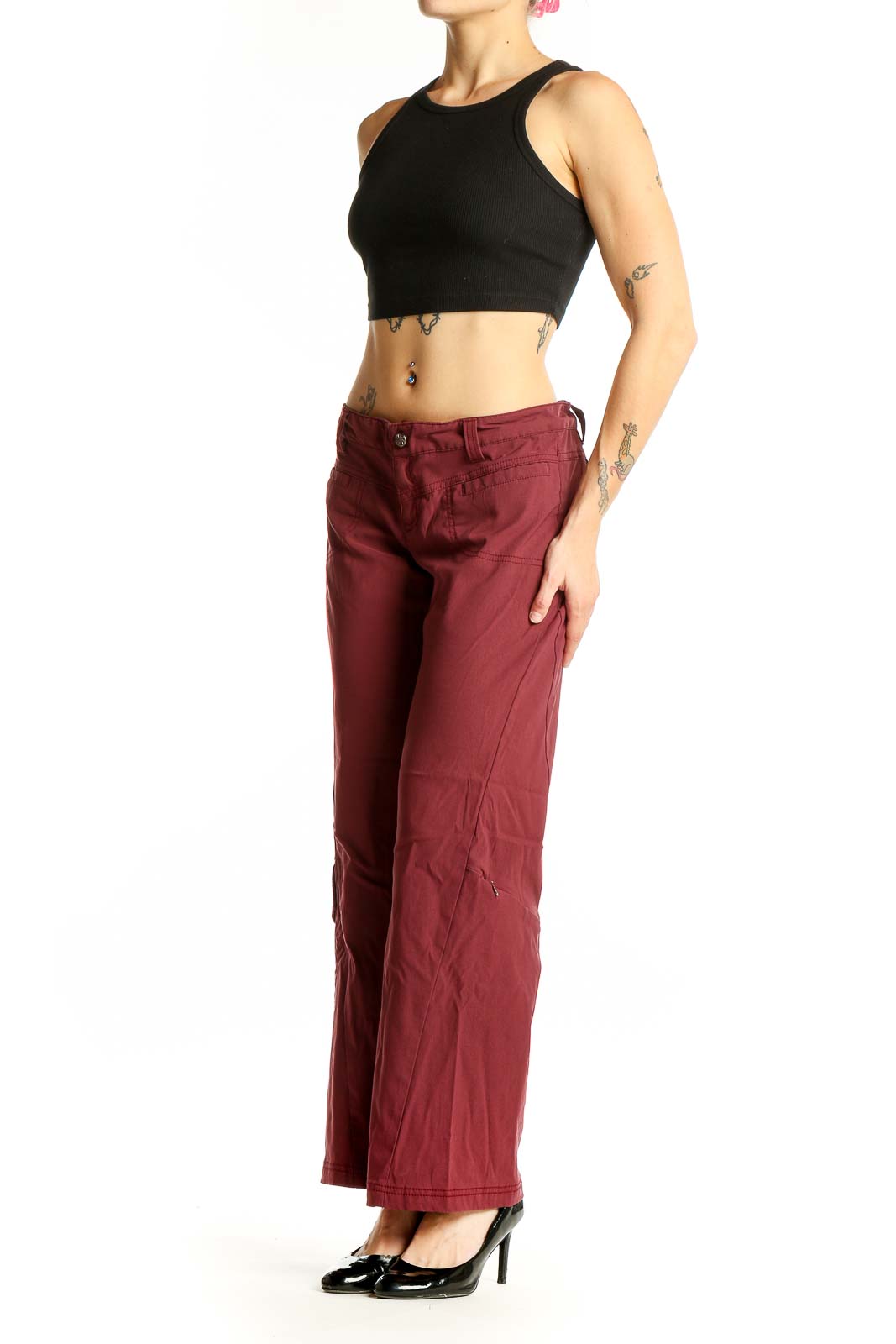 Front view of burgundy wide-leg pants from Athleta