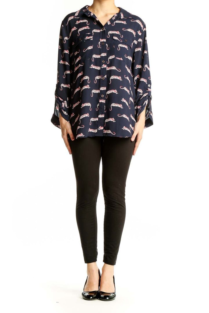 Front view of LOFT navy leopard print button-down blouse