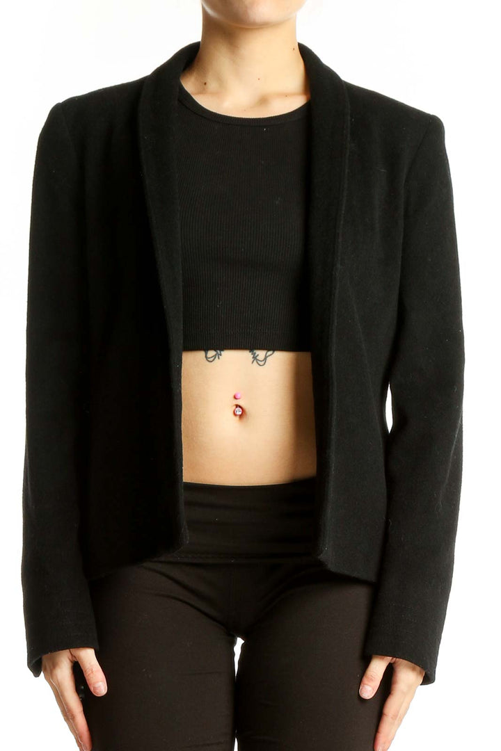 Front view of black Louben open-front blazer on model