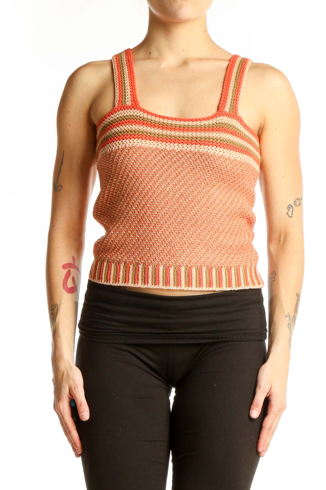 Front view of HeartLoom peach striped knit tank top with square neckline