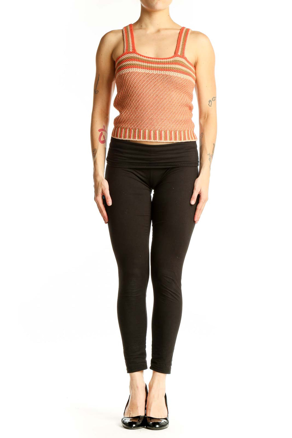 Front view of HeartLoom peach striped knit tank top with square neckline