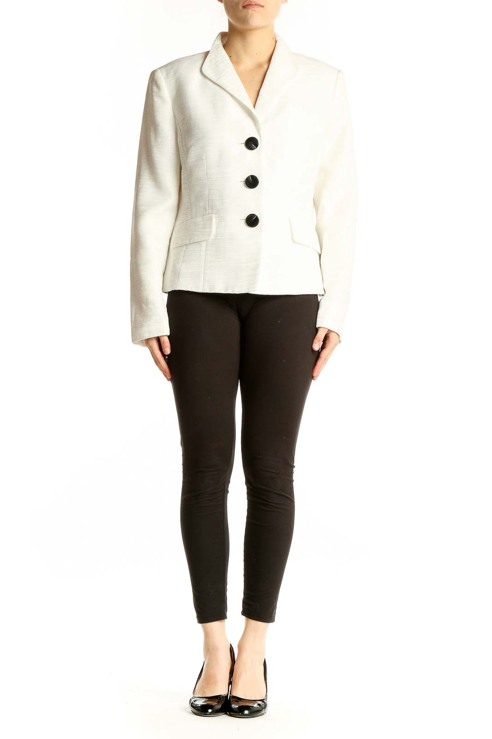 Front view of Jones Studio white polyester blazer with three-button closure