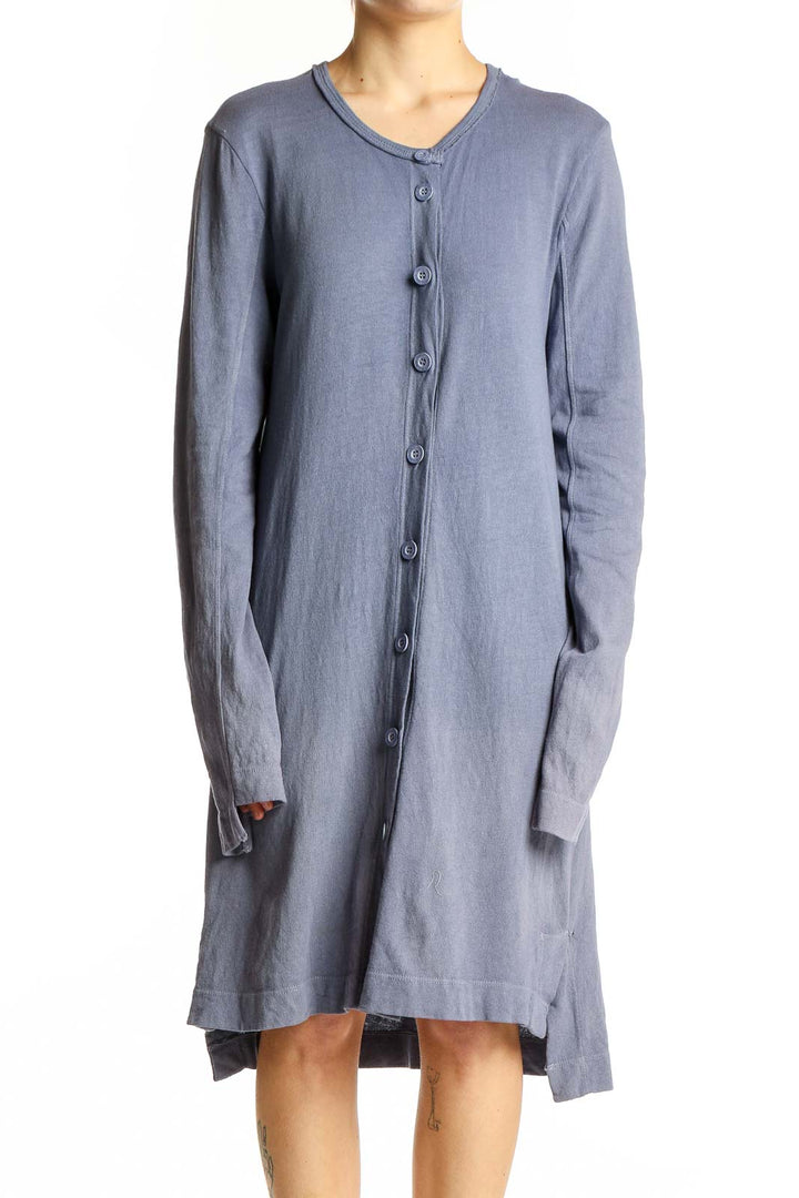 Front view of WILT blue cotton button-up cardigan dress