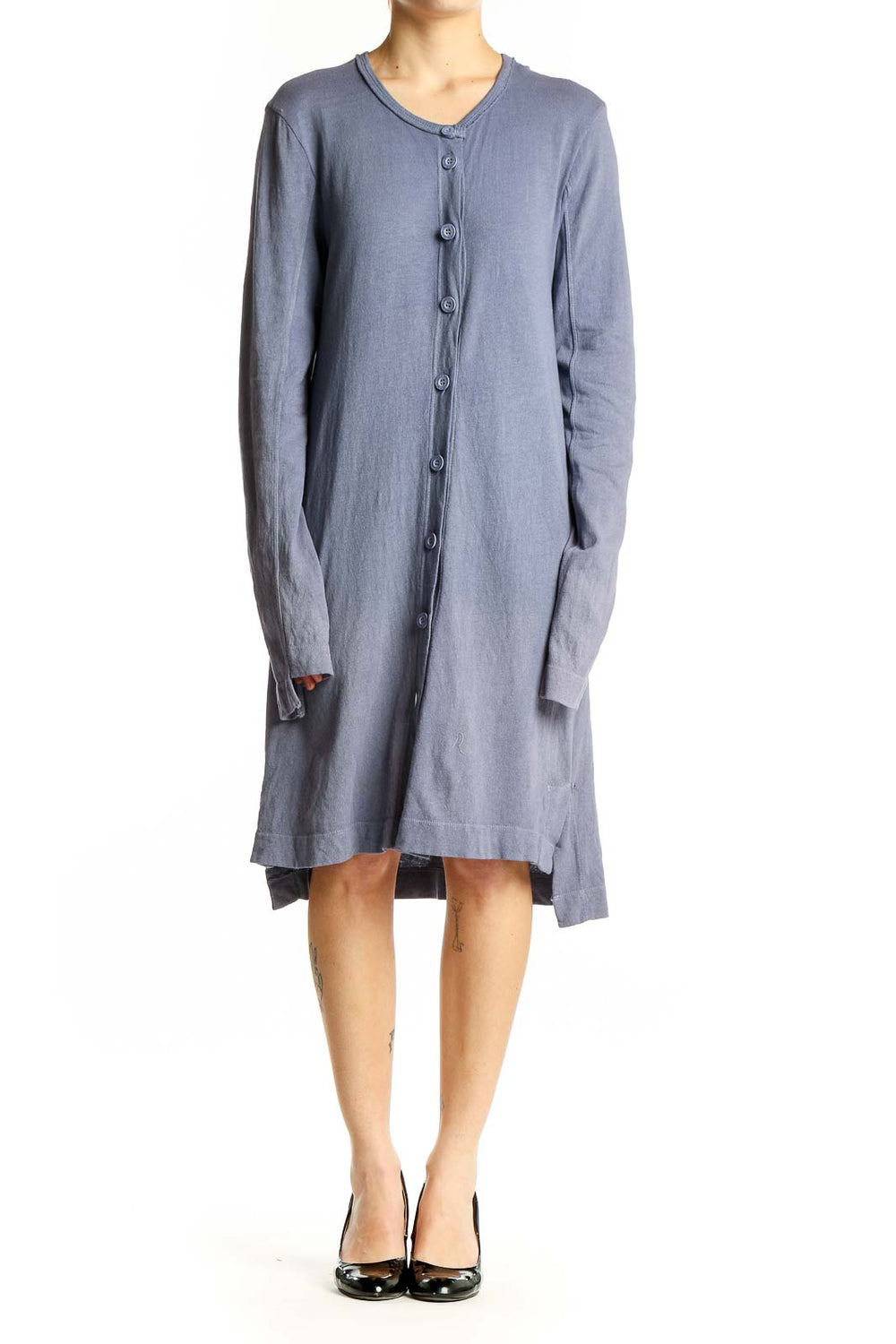 Front view of WILT blue cotton button-up cardigan dress