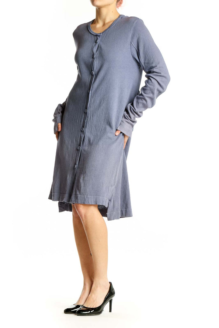 Front view of WILT blue cotton button-up cardigan dress
