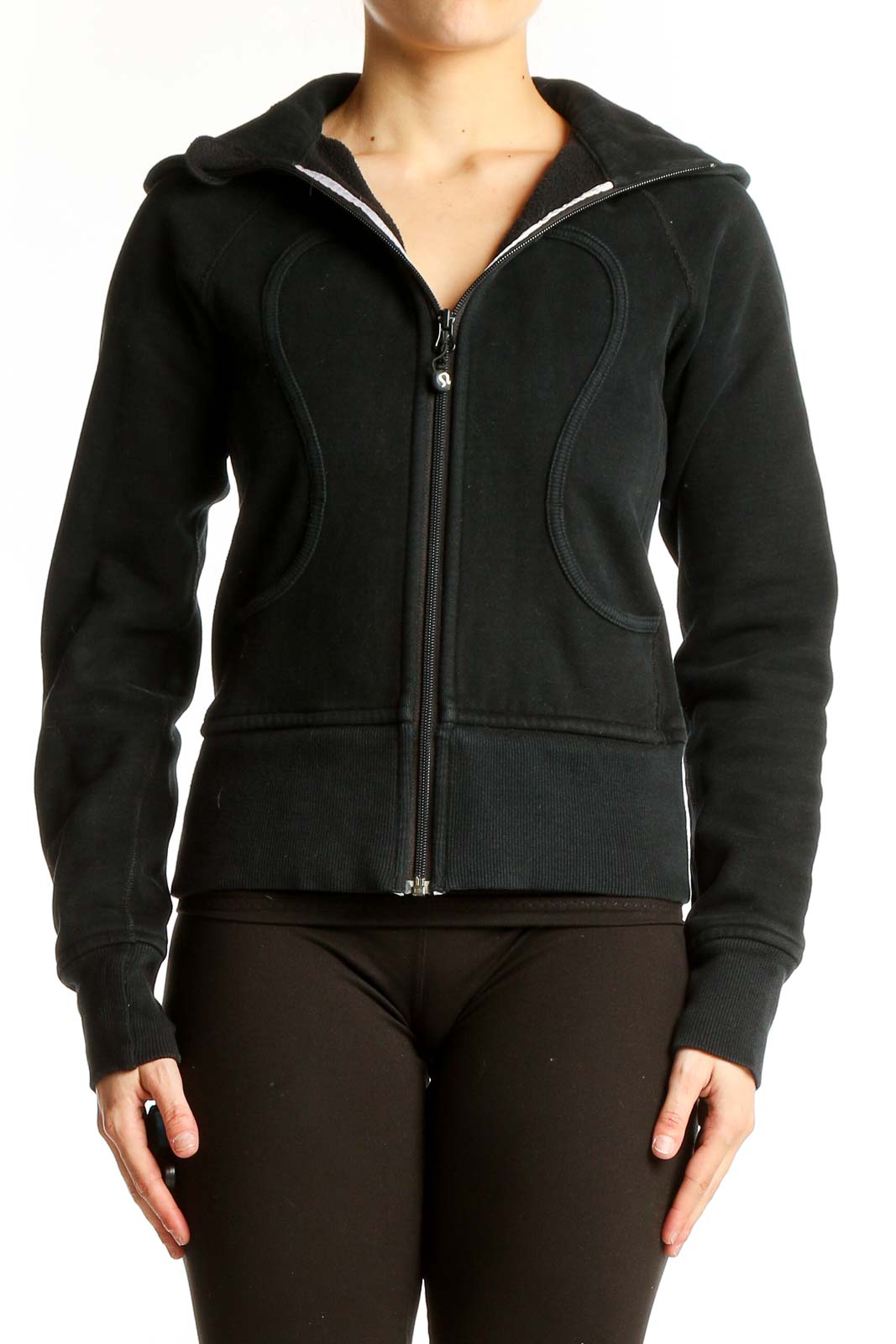 Front view of black Lululemon zip-up hooded athletic jacket