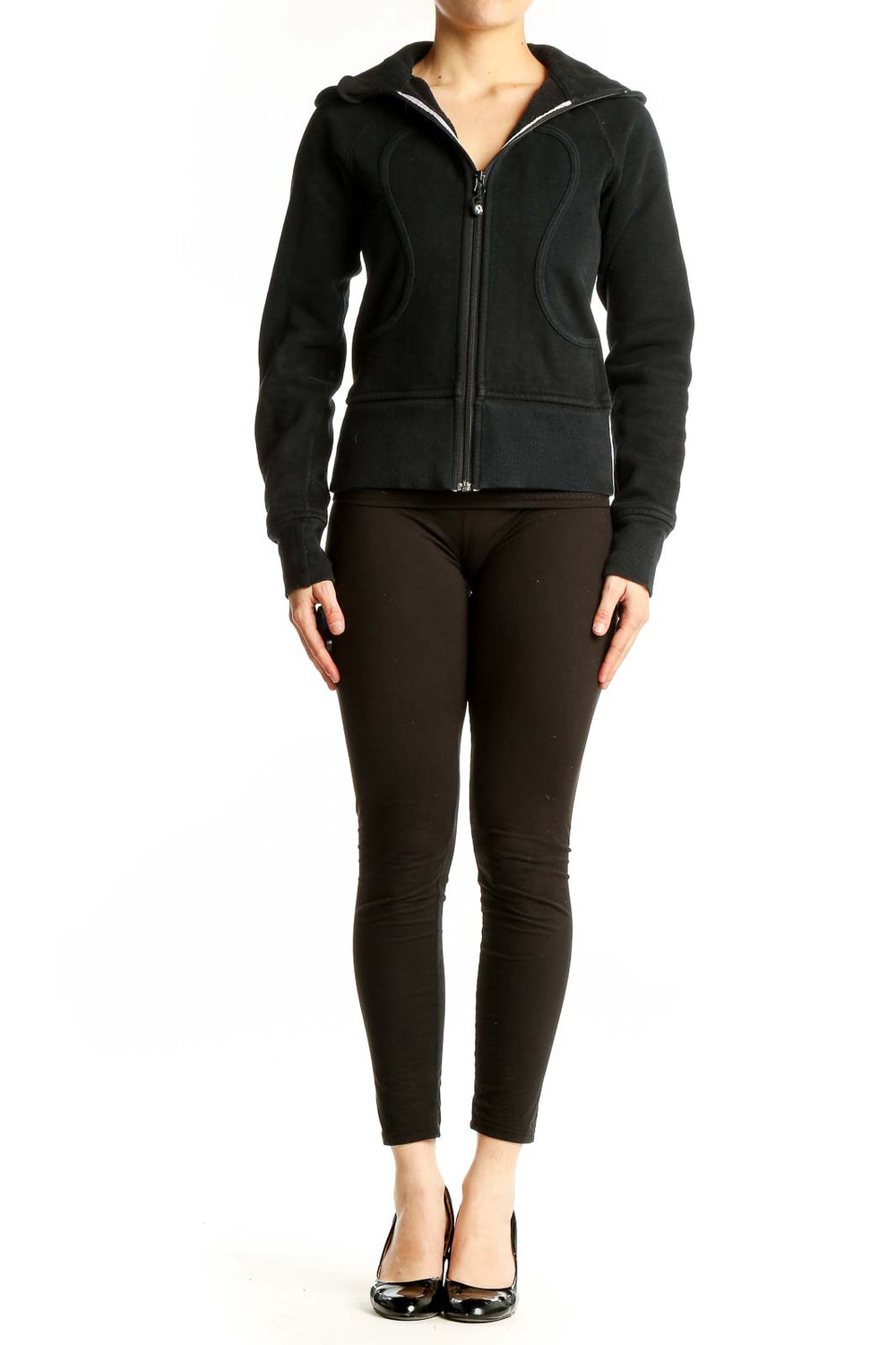 Front view of black Lululemon zip-up hooded athletic jacket