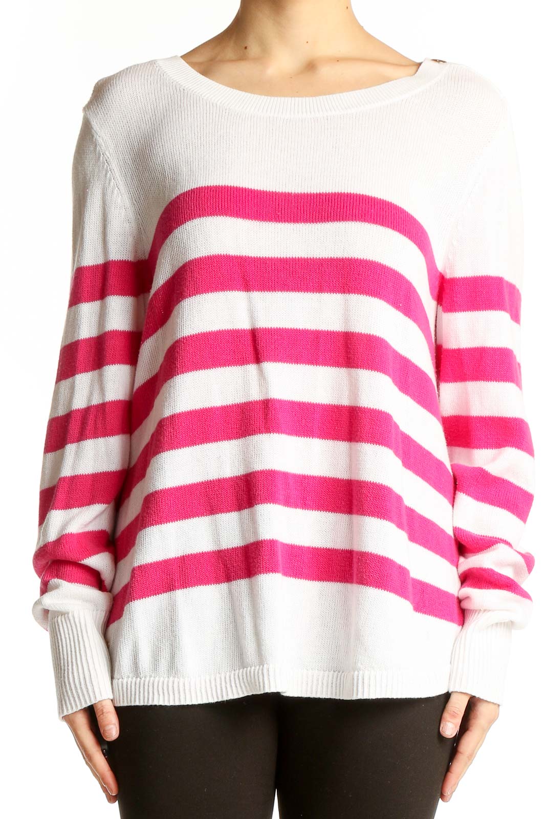 Front view of Lilly Pulitzer pink and white striped cotton knit sweater