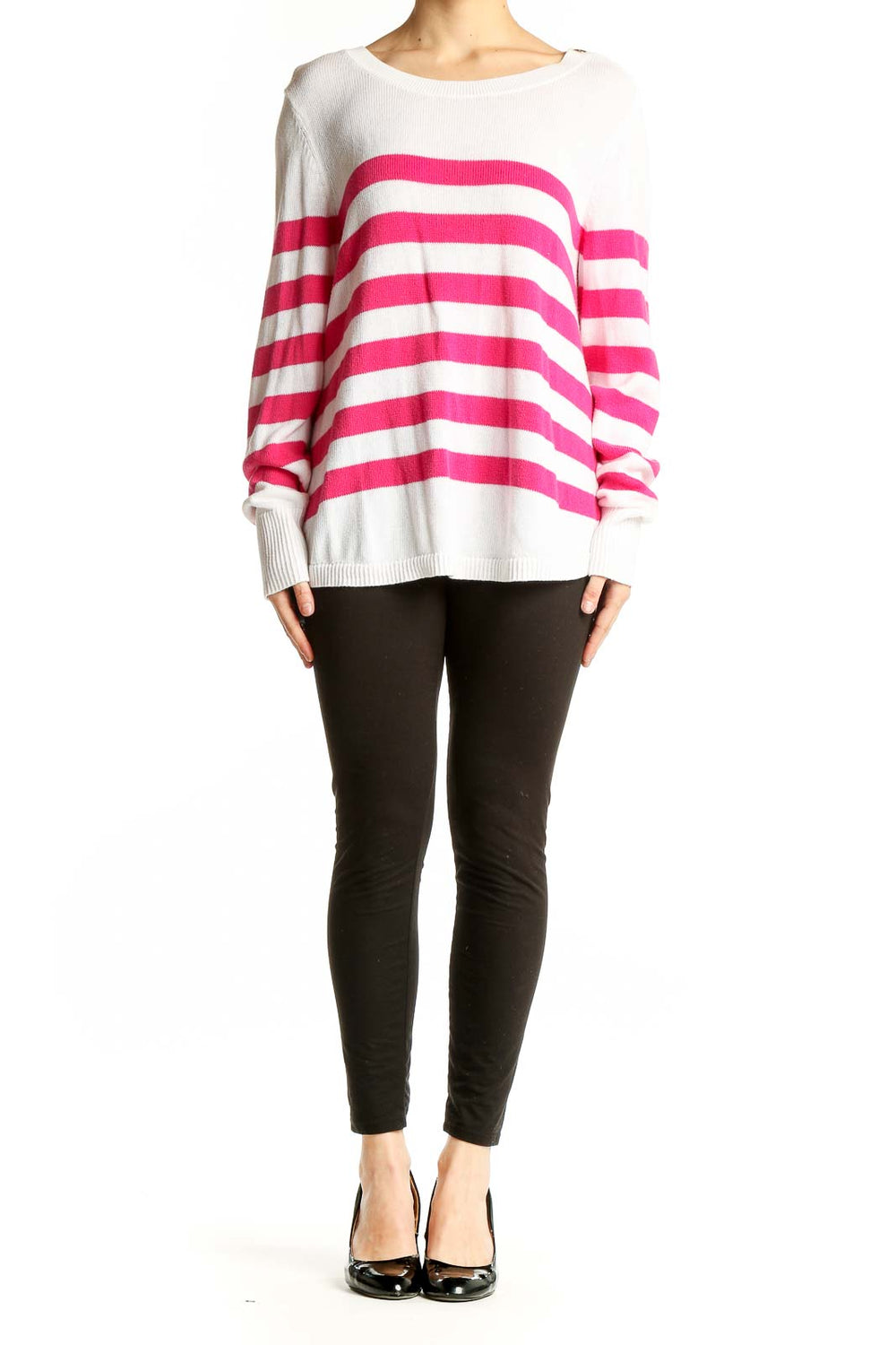 Front view of Lilly Pulitzer pink and white striped cotton knit sweater
