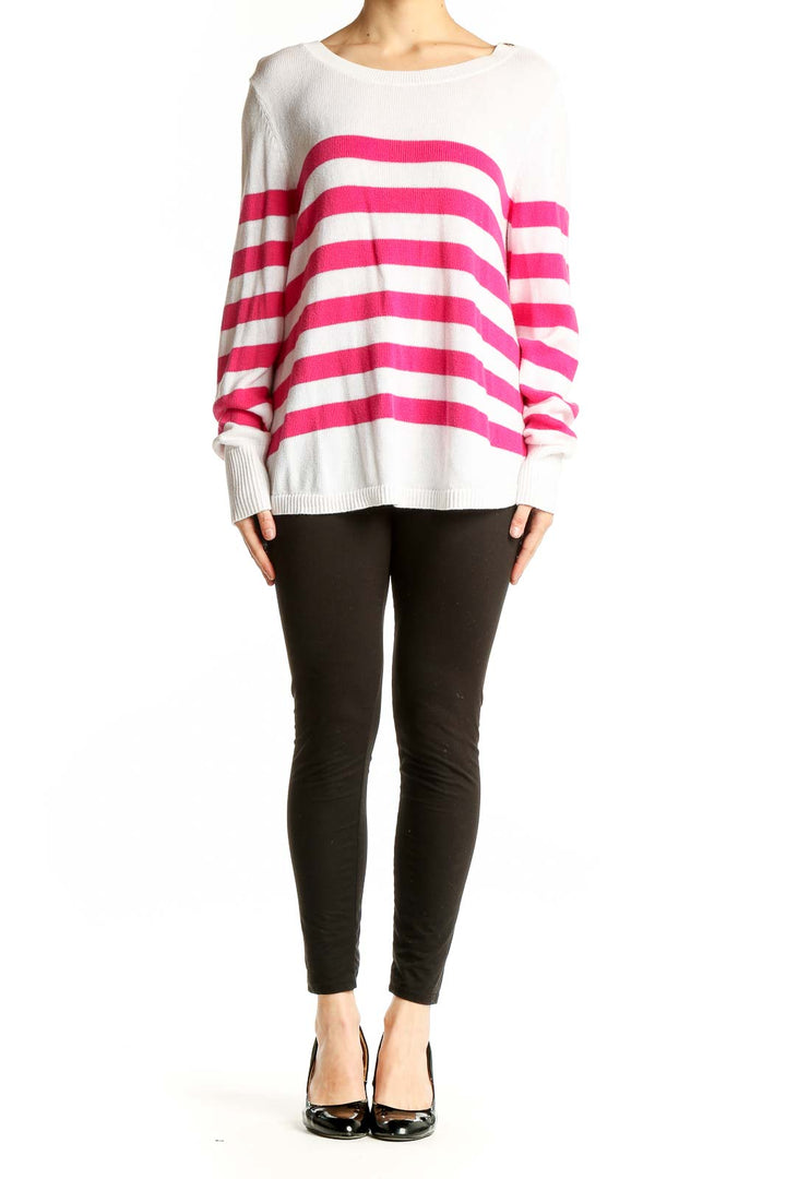 Front view of Lilly Pulitzer pink and white striped cotton knit sweater