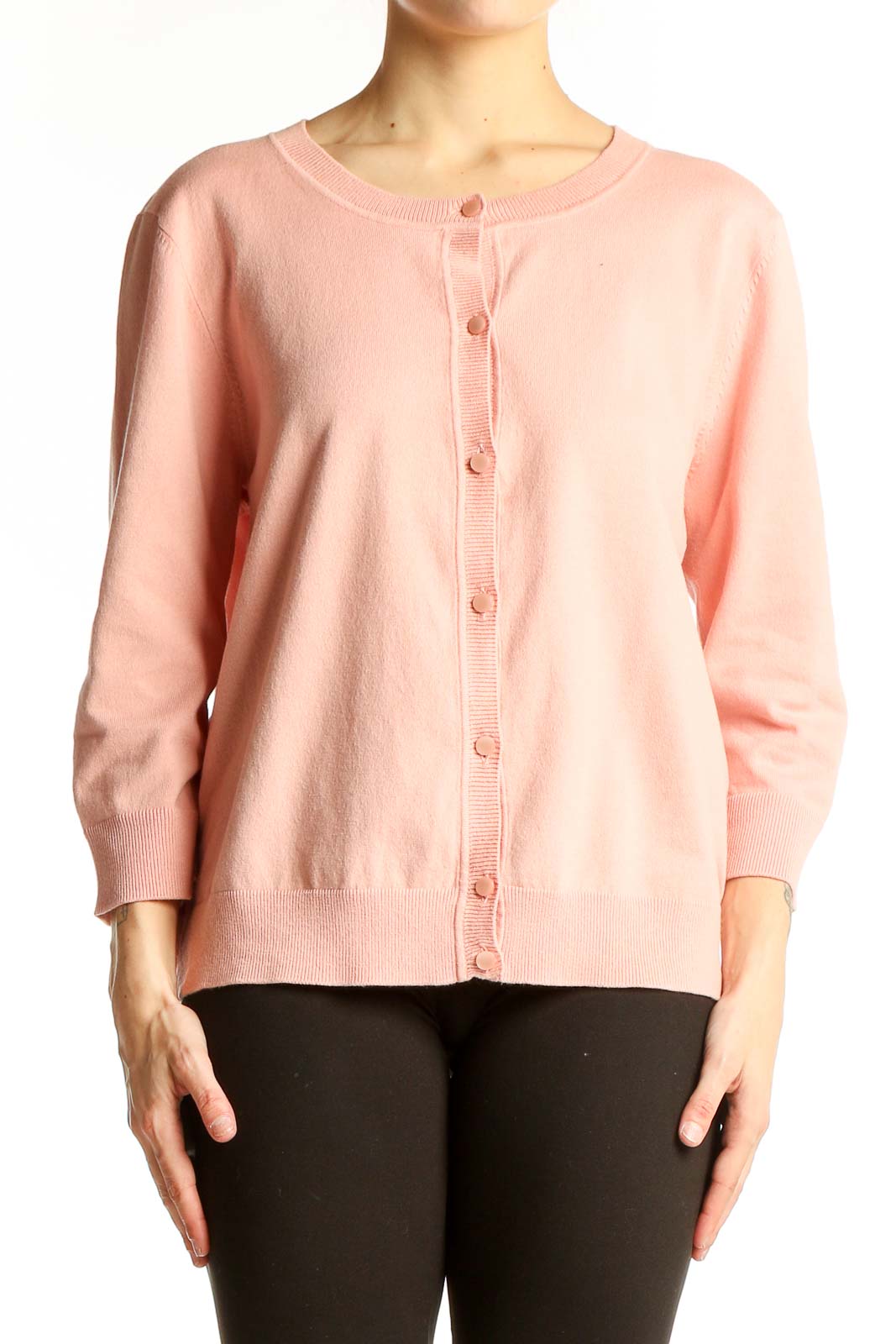 Front view of pink Pima cotton button-up cardigan from Talbots