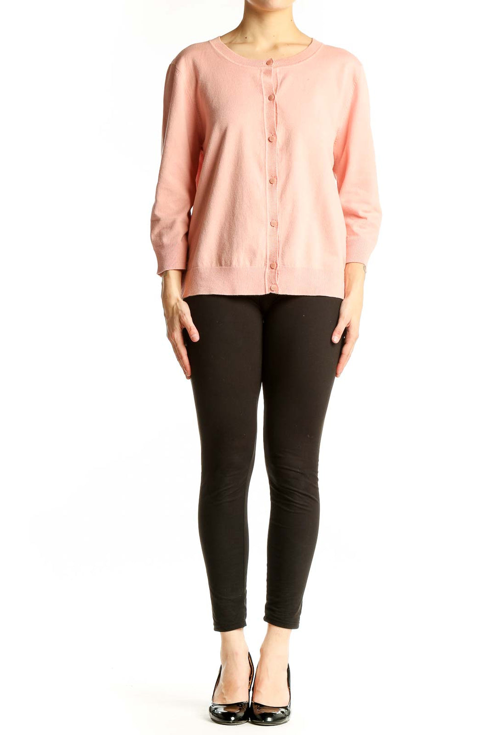 Front view of pink Pima cotton button-up cardigan from Talbots