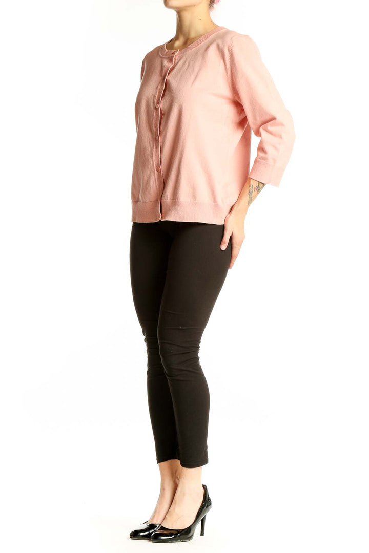 Front view of pink Pima cotton button-up cardigan from Talbots