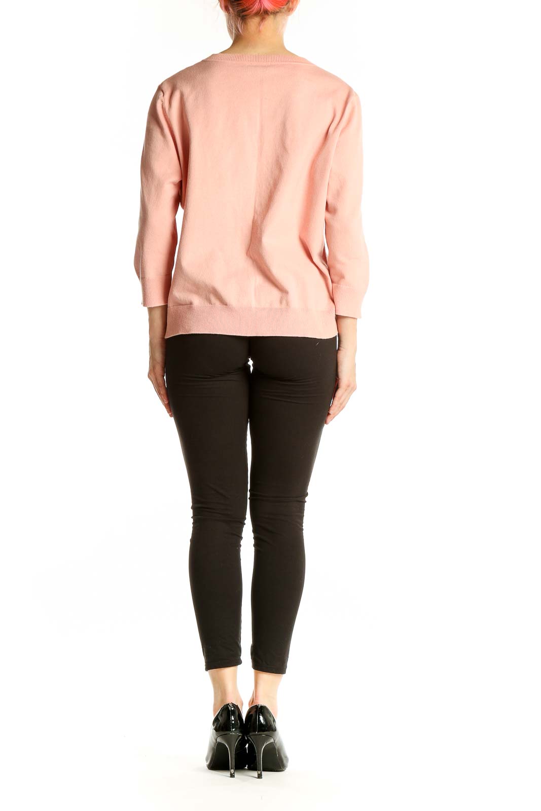 Side view of pink Pima cotton button-up cardigan from Talbots