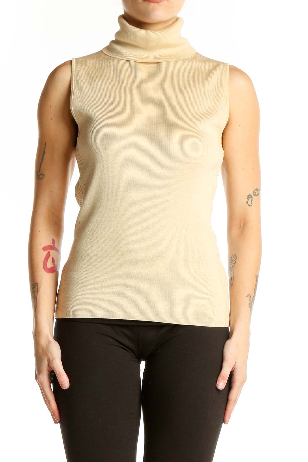 Front view of Ann Taylor cream sleeveless turtleneck knit top