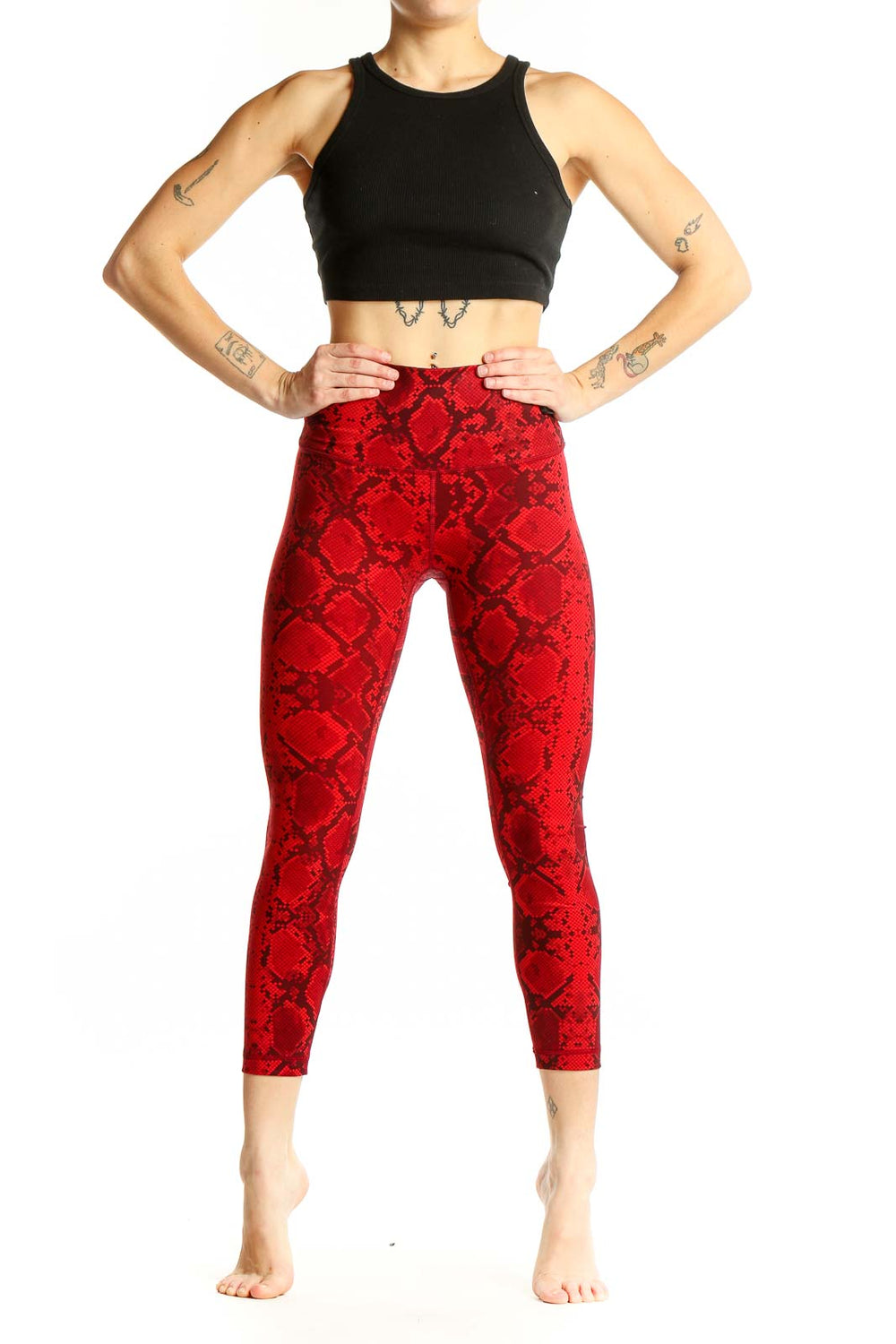 Front view of red snake print Lululemon cropped leggings