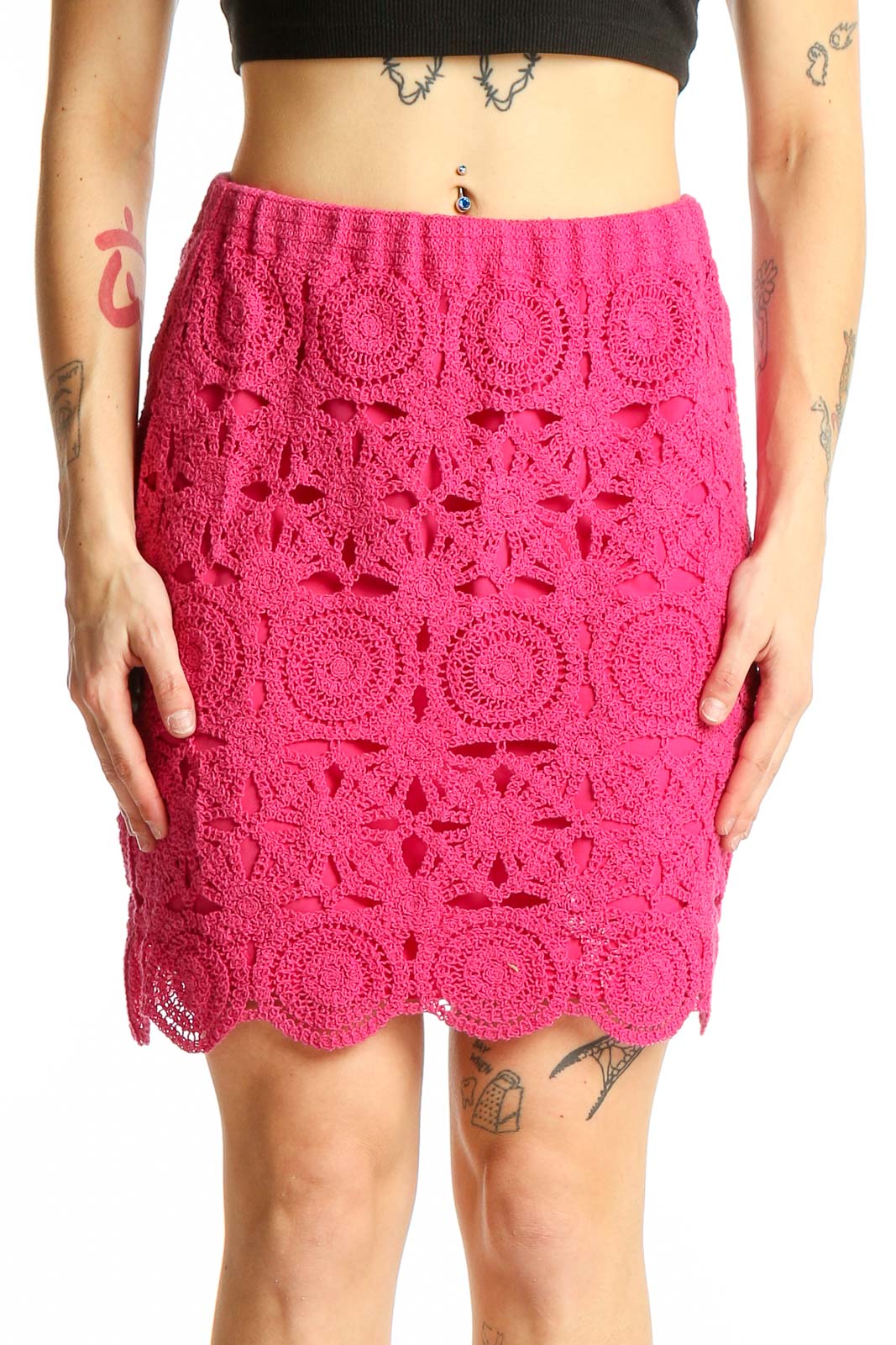 Front view of Caroline Constas hot pink crochet lace pencil skirt with floral pattern