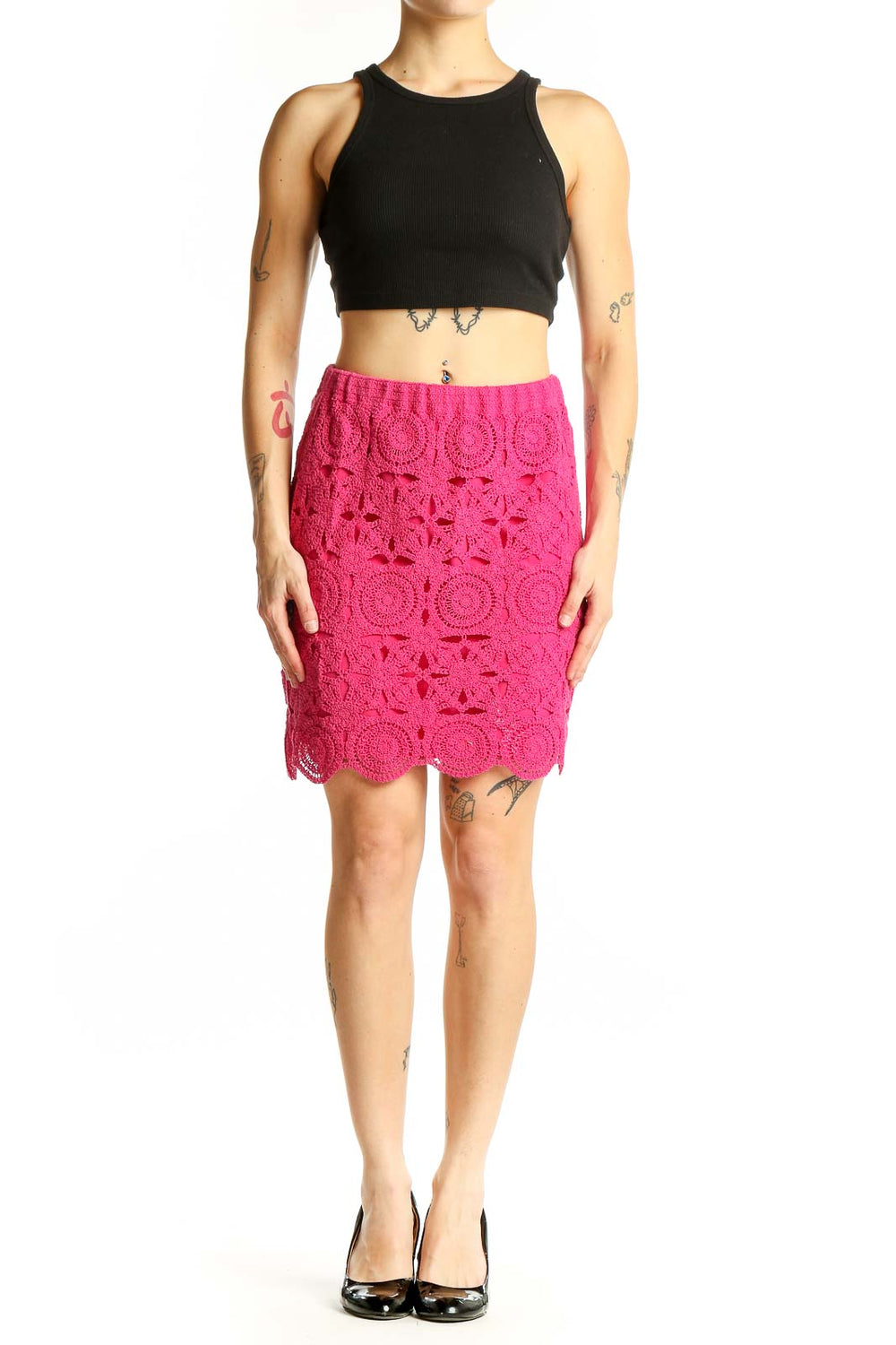 Front view of Caroline Constas hot pink crochet lace pencil skirt with floral pattern