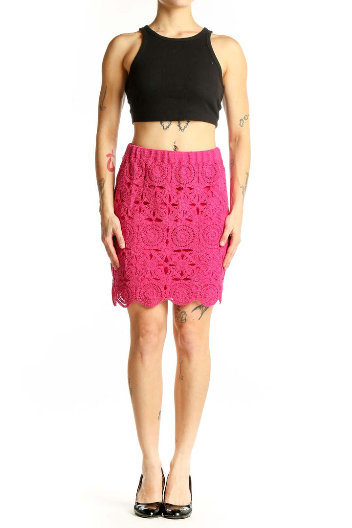 Front view of Caroline Constas hot pink crochet lace pencil skirt with floral pattern