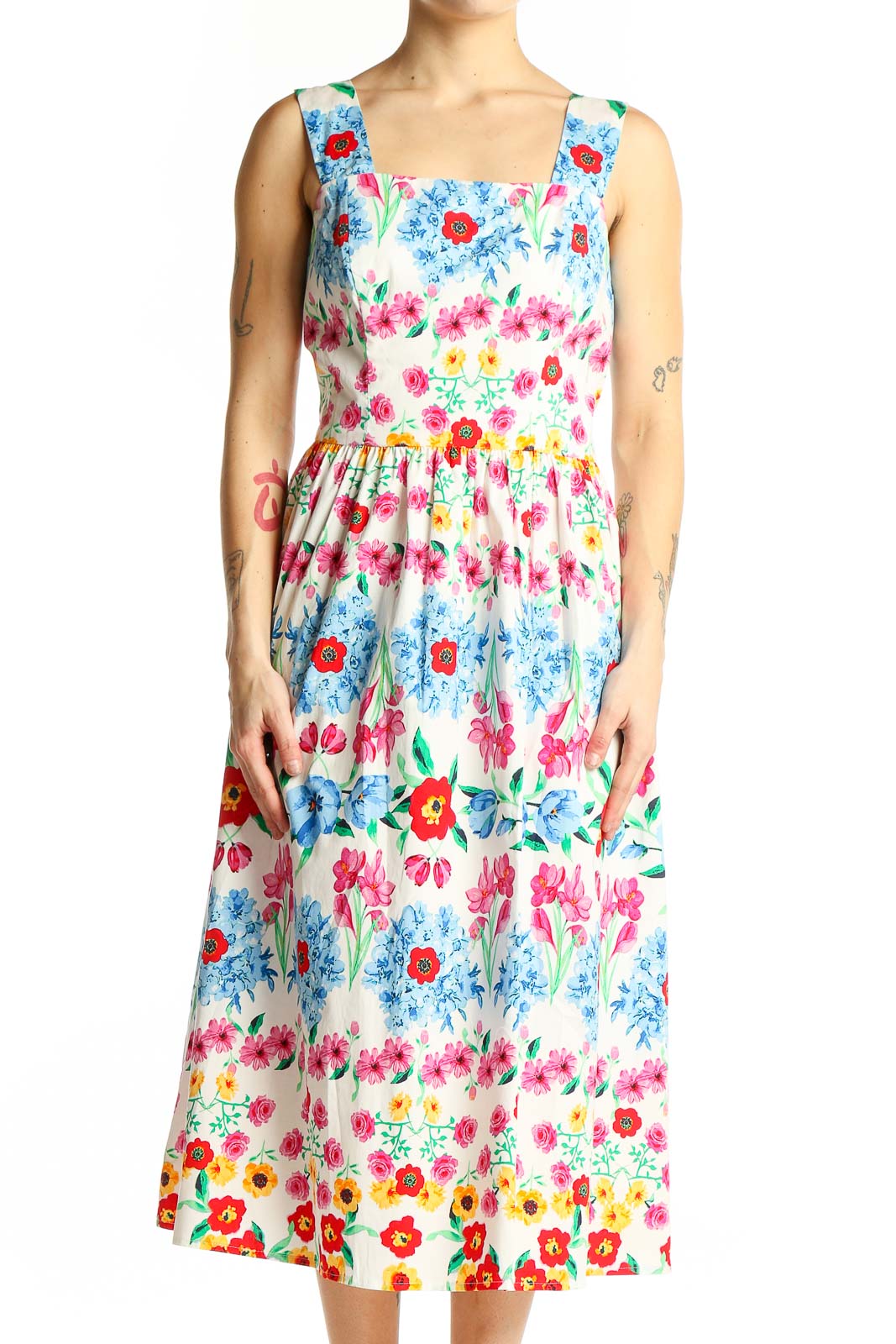 Front view of Maggy London multicolor floral print midi dress with square neckline