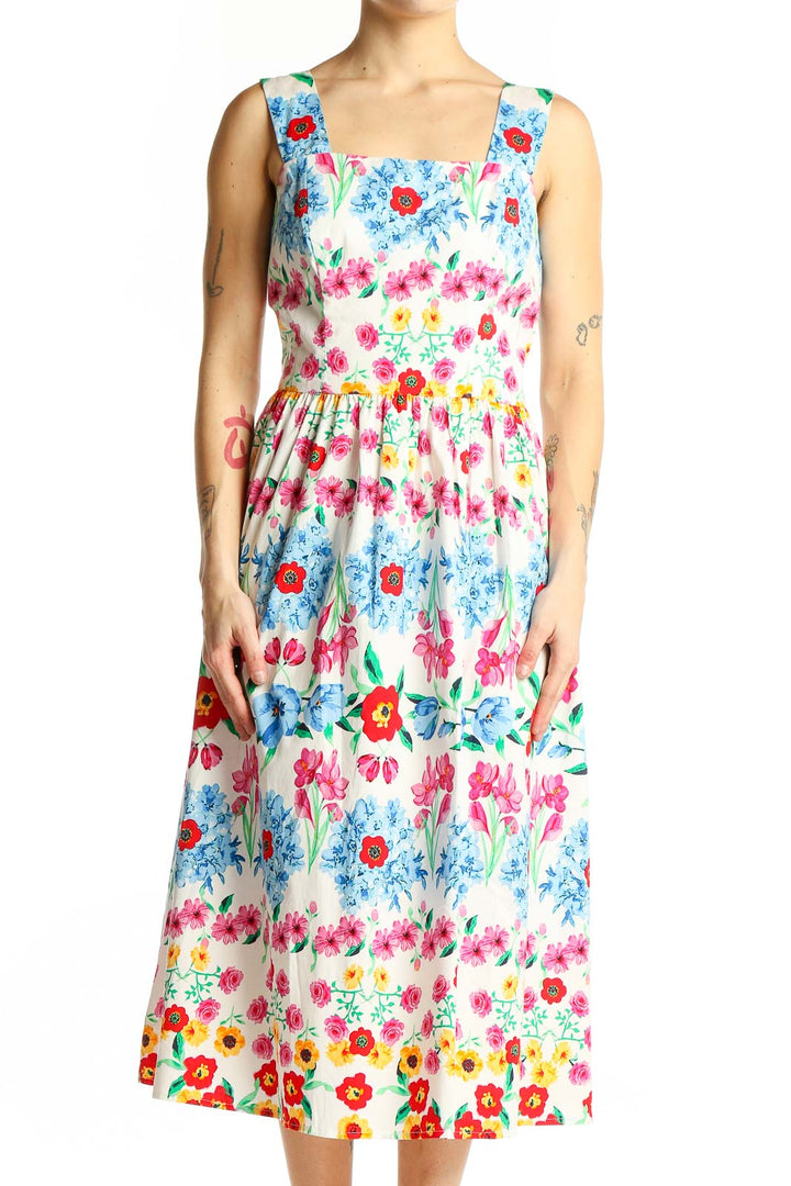 Front view of Maggy London multicolor floral print midi dress with square neckline