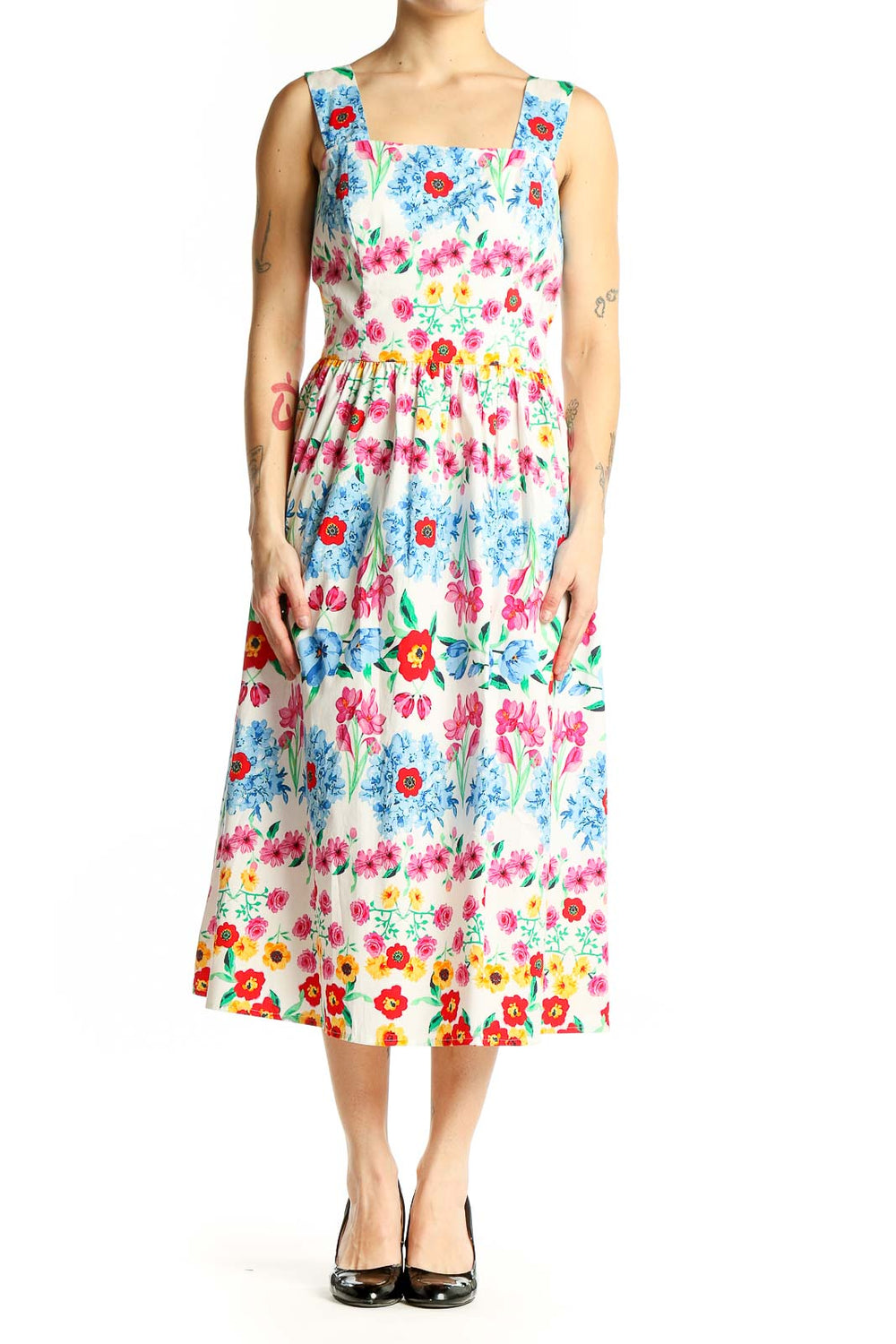 Front view of Maggy London multicolor floral print midi dress with square neckline
