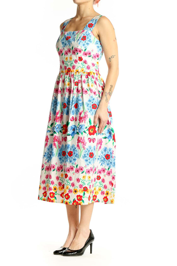 Front view of Maggy London multicolor floral print midi dress with square neckline