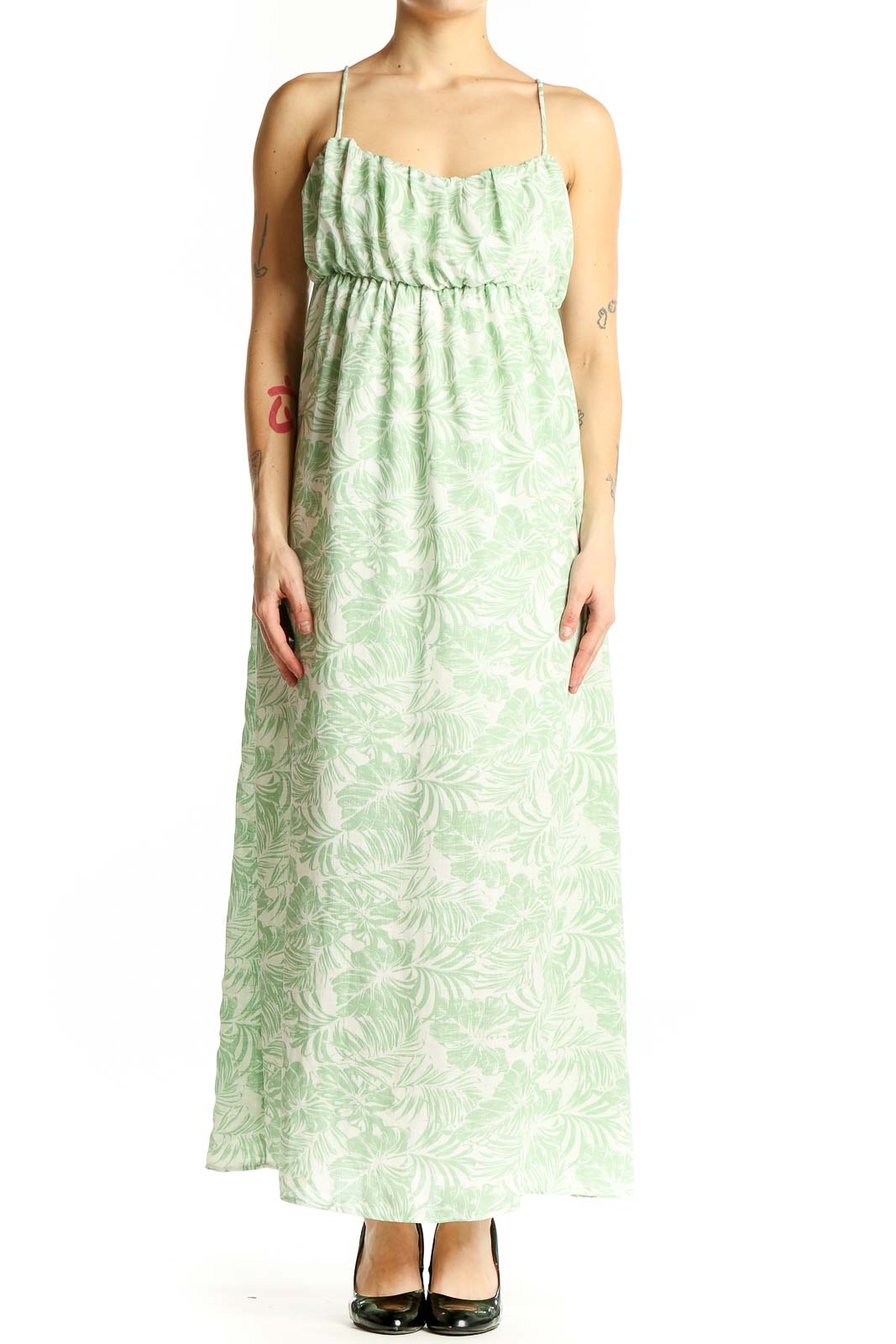 Front view of mint green Gilli maxi dress with white floral print and spaghetti straps