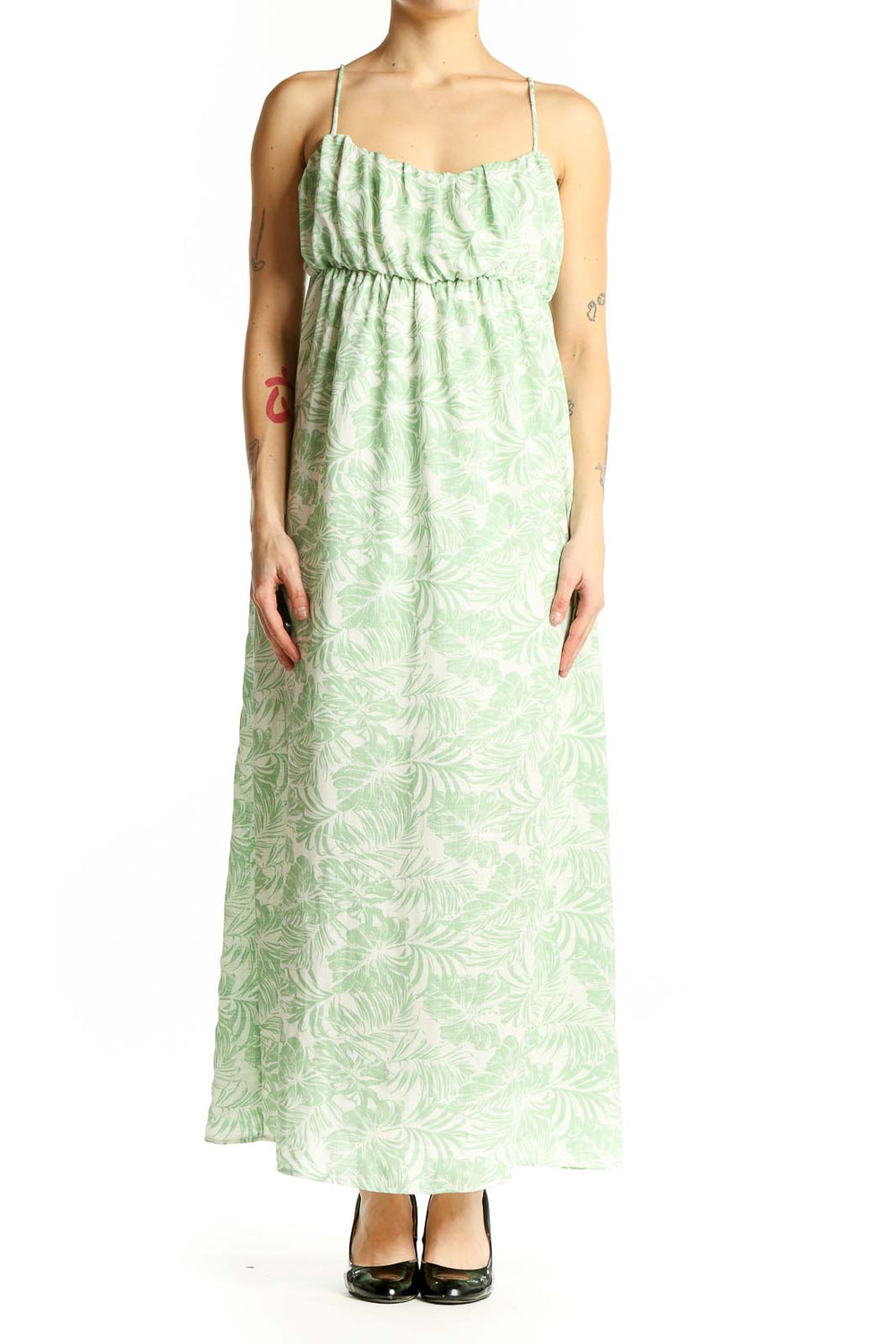 Front view of mint green Gilli maxi dress with white floral print and spaghetti straps
