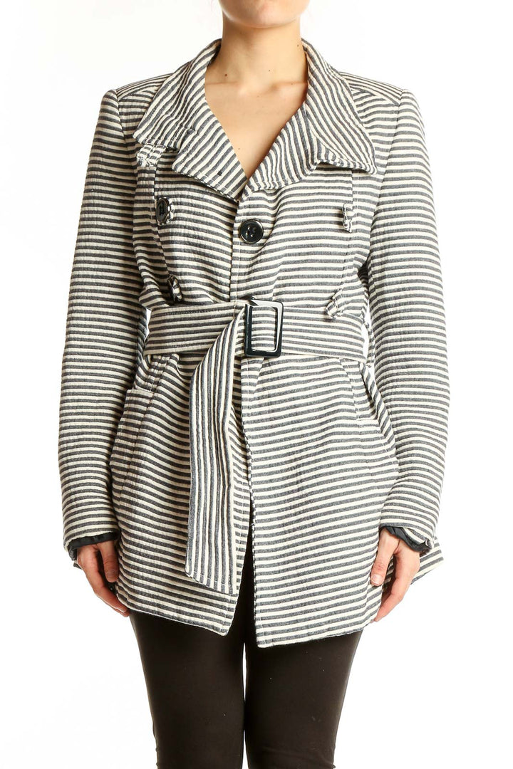 Front view of Zara Basic gray striped cotton belted coat