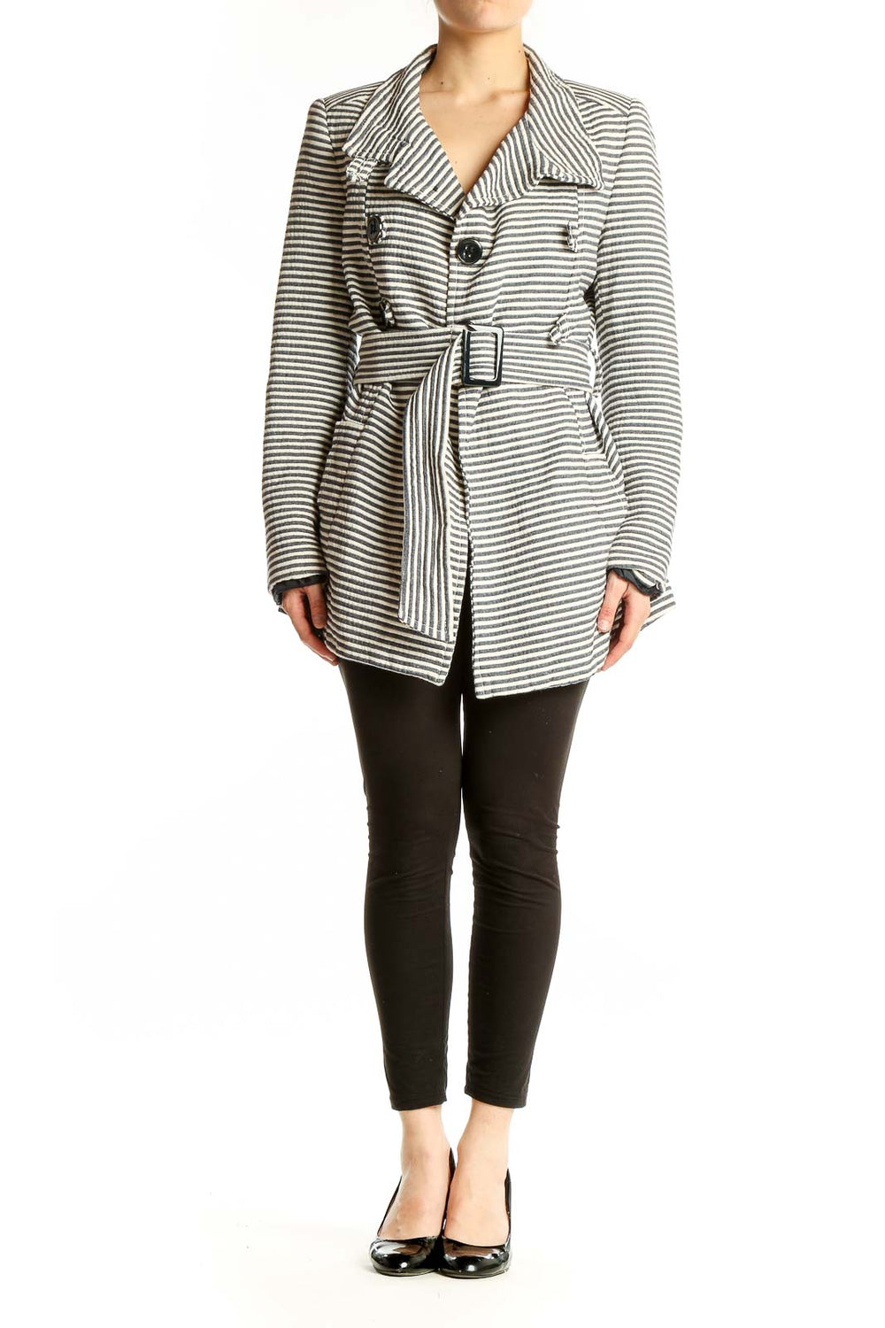 Front view of Zara Basic gray striped cotton belted coat